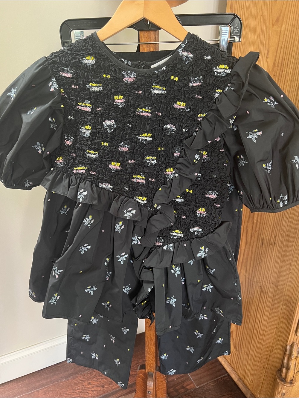 Cecilie Bahnsen Black Metallic Floral Ruffle Top and pants